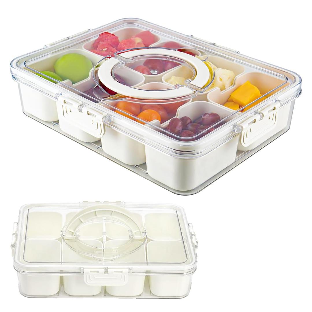 Divided Serving Tray with Lid and Handle, 8 Compartment Portable Snack Container, Snackle Box Charcuterie Container for Veggie, Fruit, Snacks, Perfect for Picnic, Travel, Party (12.2"x9.25"x2.56")