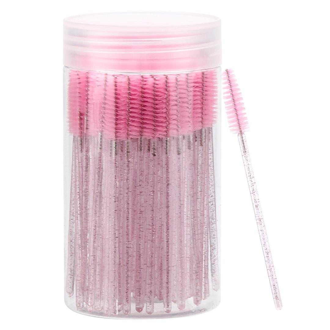 100 Pcs Disposable Mascara Wands, Crystal Eyebrow Spoolies Brush for Eyelash Extensions, Pink Lash Brushes with Container