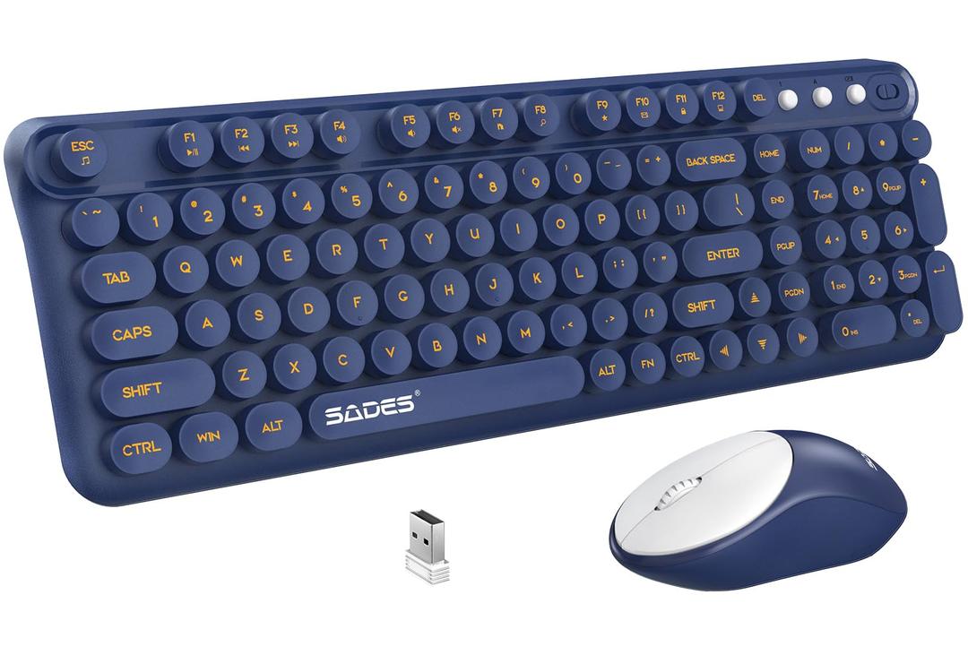 Wireless Keyboard and Mouse,Retro Typewriter Keyboard and Mouse Combo,2.4G Wireless Keyboard Mouse,Home and Office Keyboard's,Computer Keyboard and Mouse for Laptop PC Windows, Navy Blue