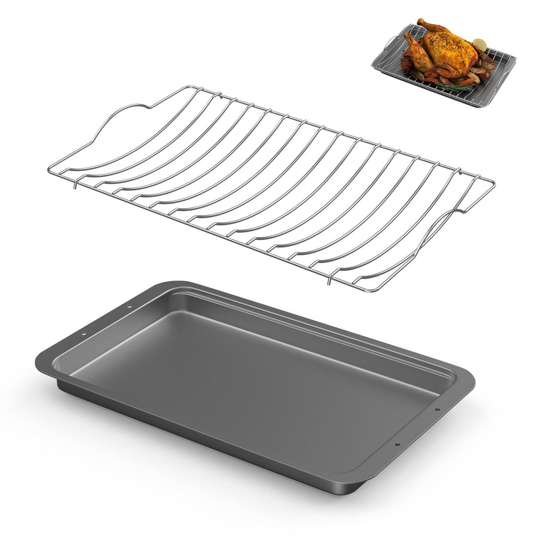 Thanksgiving Turkey Roasting Pan Grill Pan with Rotisserie Chicken Rack 17 x 11 inch Stainless Steel Whole Chickens Pork for Big Green Egg, Kamado Joe Grill, Heavy Duty for 24lb Turkey, Nonstick