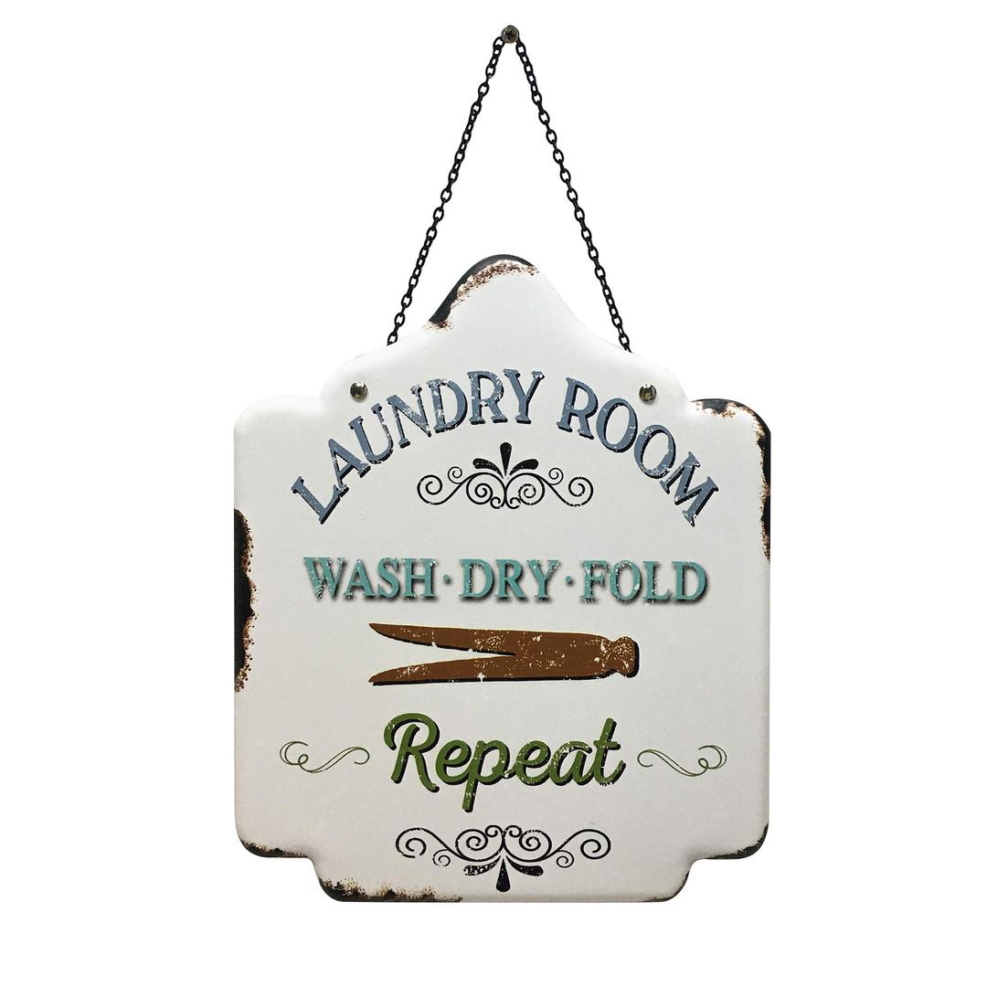 Laundry Signs, 10x12 inch Rustic Farmhouse Enamel Metal Wall Hanging Art Decor Prints - Laundry Room Wash Dry Fold (White)