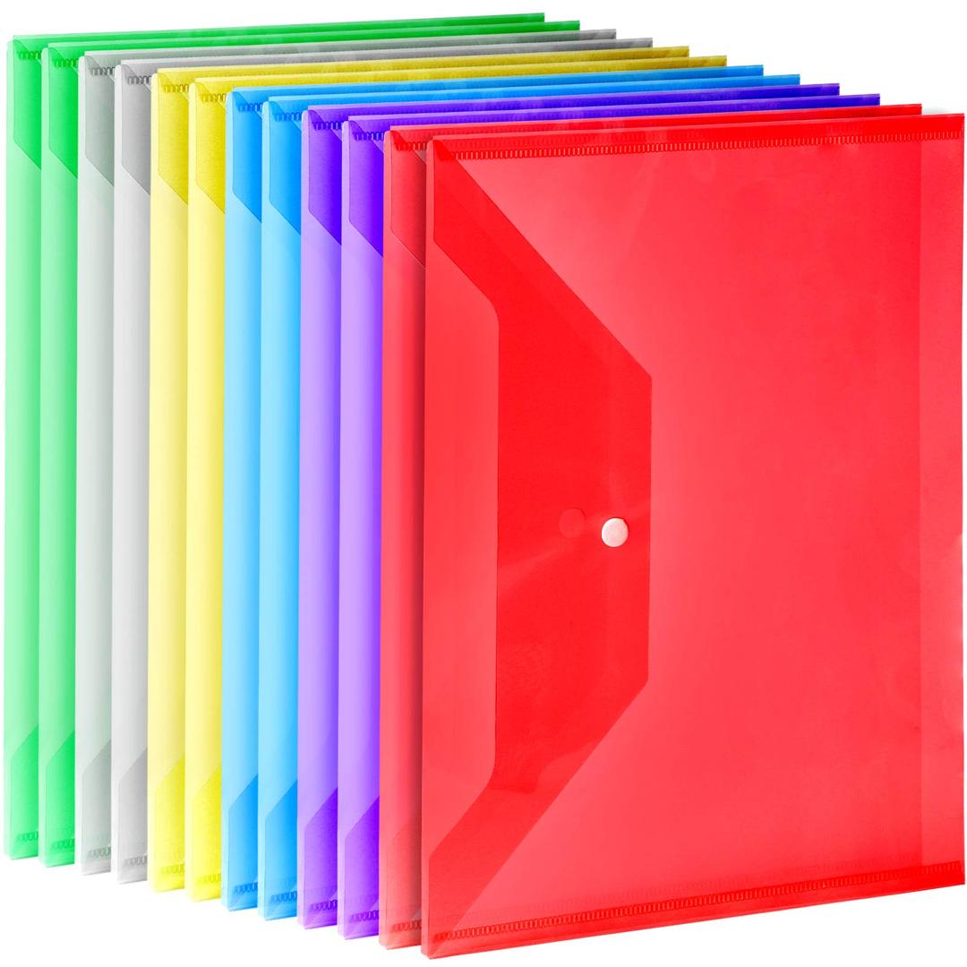 LEOBRO Plastic File Folders, 12 PCS Plastic Folders for Document, A4 Size Plastic Envelopes with Snap Closure, Clear File Folders Document Folders File Bags for School Office, Filling Product