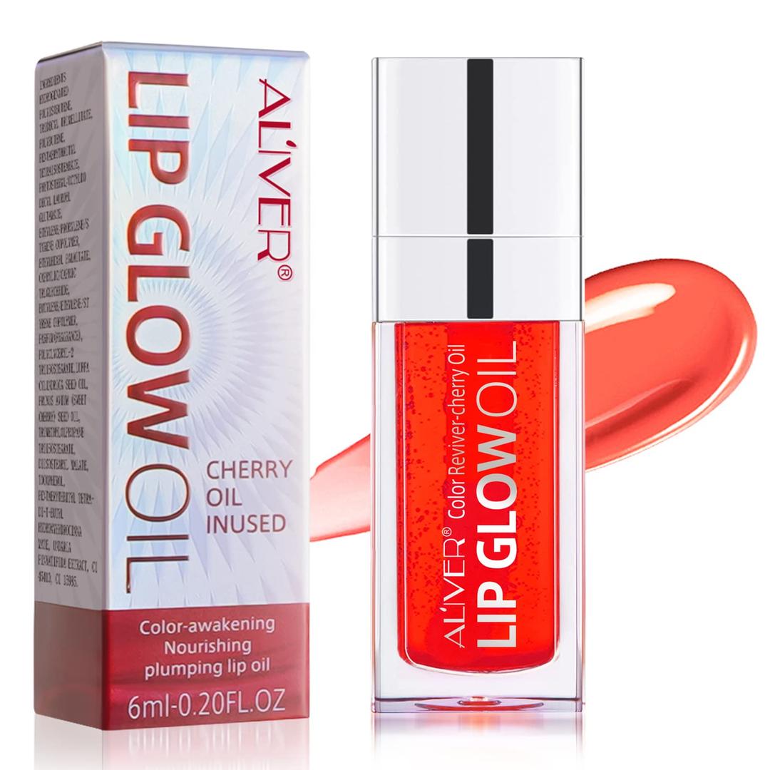 Plumping Lip Oil, Long Lasting Hydrating Lip Gloss Tinted Lip Balm, Non-sticky Big Brush Head Glitter Shine Primer Lip Tint, Tinting Lip Care Oil for Dry Lip (04Cheery)