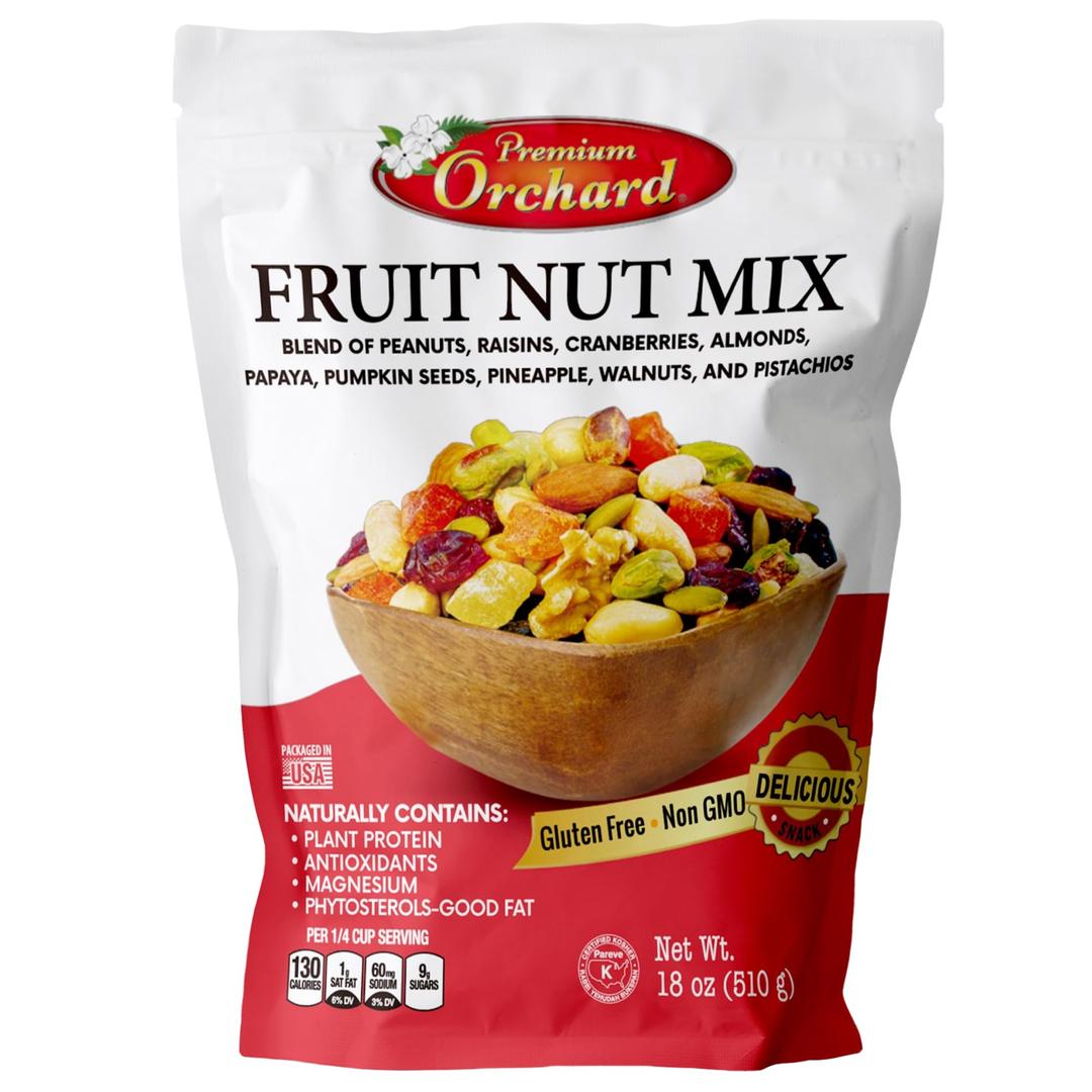 FRUIT NUT MIX TRAIL MIX by PREMIUM ORCHARD - Gourmet Trail Mix Bulk Blend of Mixed Nuts & Dried Fruit - Healthy Vegan Snacks, Snack Nut Mix, Plant Protein Source, Non-GMO, Natural - 18oz