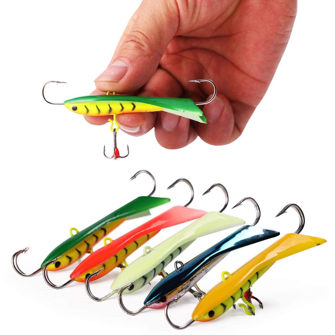 Sougayilang Ice Fishing Jigs, Winter Fishing Hard Lures with Treble Hooks, Red, Colors Fishing Bait Lure Kit in Tackle Box for Bass Pike Trout Walleye Saltwater Freshwater