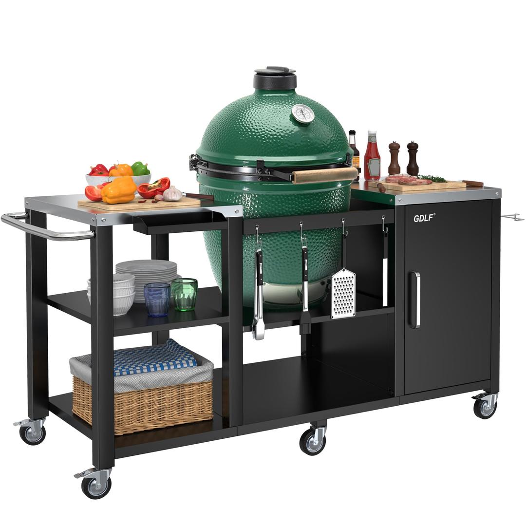 GDLFGrill Table for Big Green Egg Style Grills, Heavy Duty Outdoor Grill Station Prep Table, Metal Green Egg Stand with Storage Compatible with Large Big Green Egg,Kamado Joe