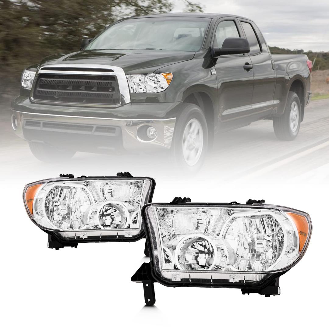 CMVT Auto Headlights Assembly Compatible with Toyota Tundra 07 08 09 10 11 12 13 / Sequoia 2008 - 2017 HeadLamp (Chrome Housing Amber Reflector)