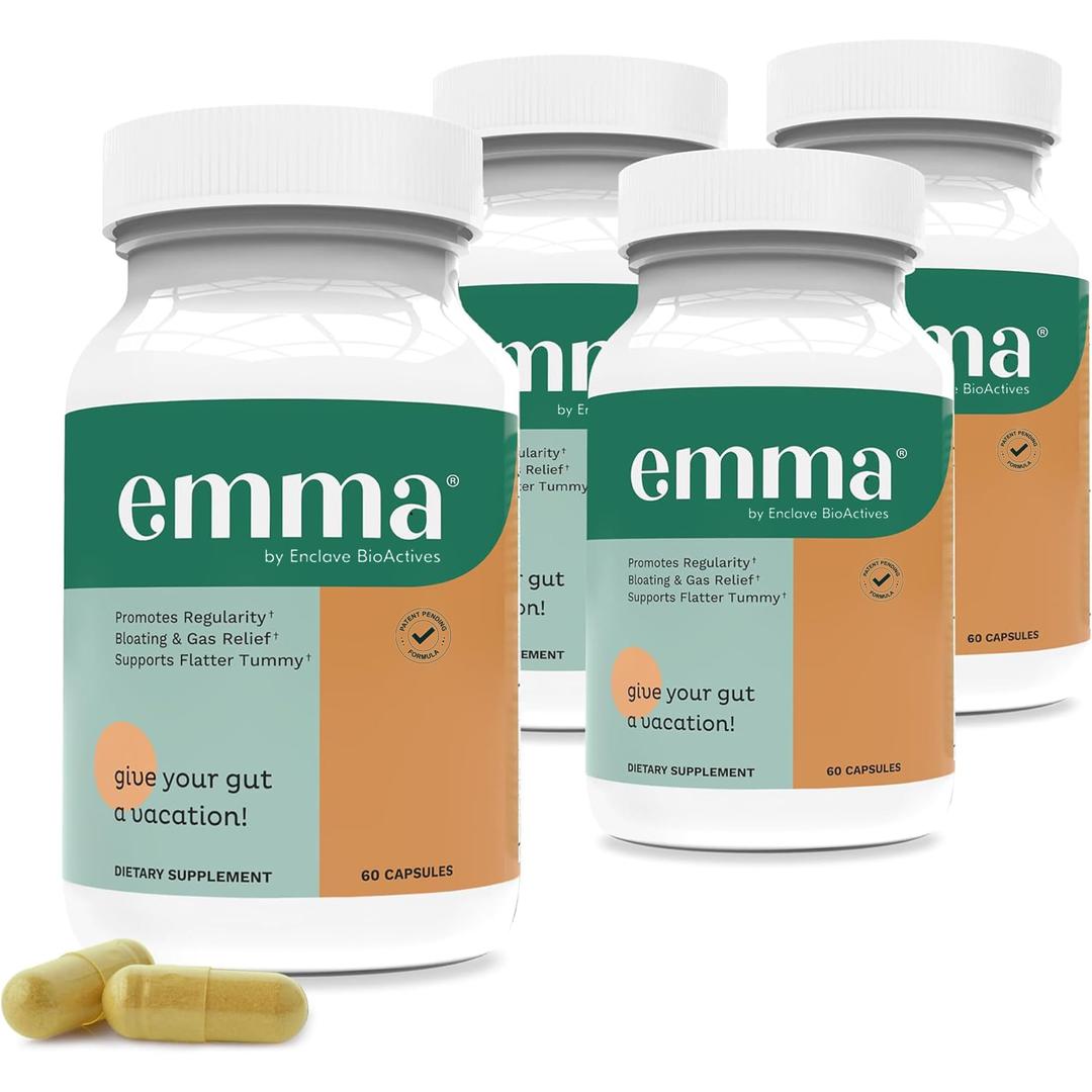 Emma Gut Health - 4 Pack - Gas and Bloating Relief, Constipation, Leaky Gut Repair - Gut Cleanse & Restore Digestion - Regulate Bowel Movement. Probiotics and Laxative Alternative, 240 Capsules