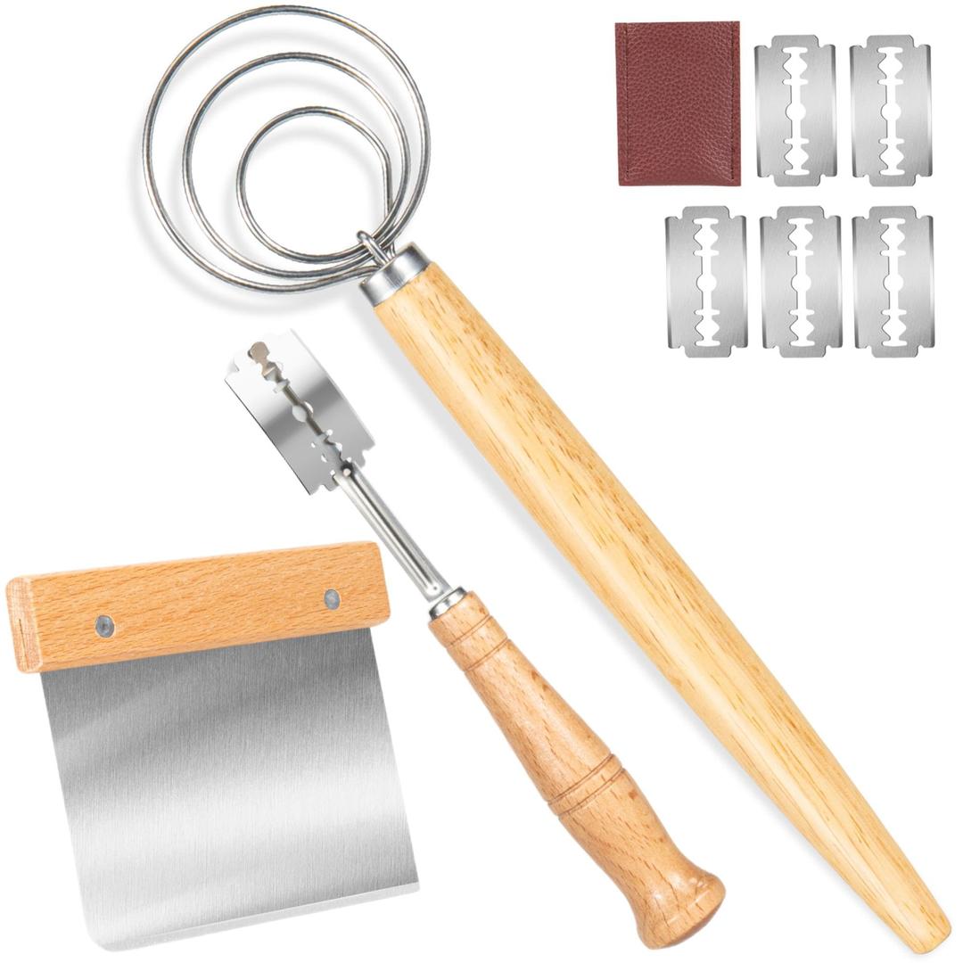 Danish Dough Whisk - Bread Whisk Set of 3 pieces, Bread Making Tools and Supplies, Sourdough Bread Whisk, Dutch Whisk for Dough, With Dough Scraper Bread Cutter, Bread Lame Dough Scoring Tool, Blades