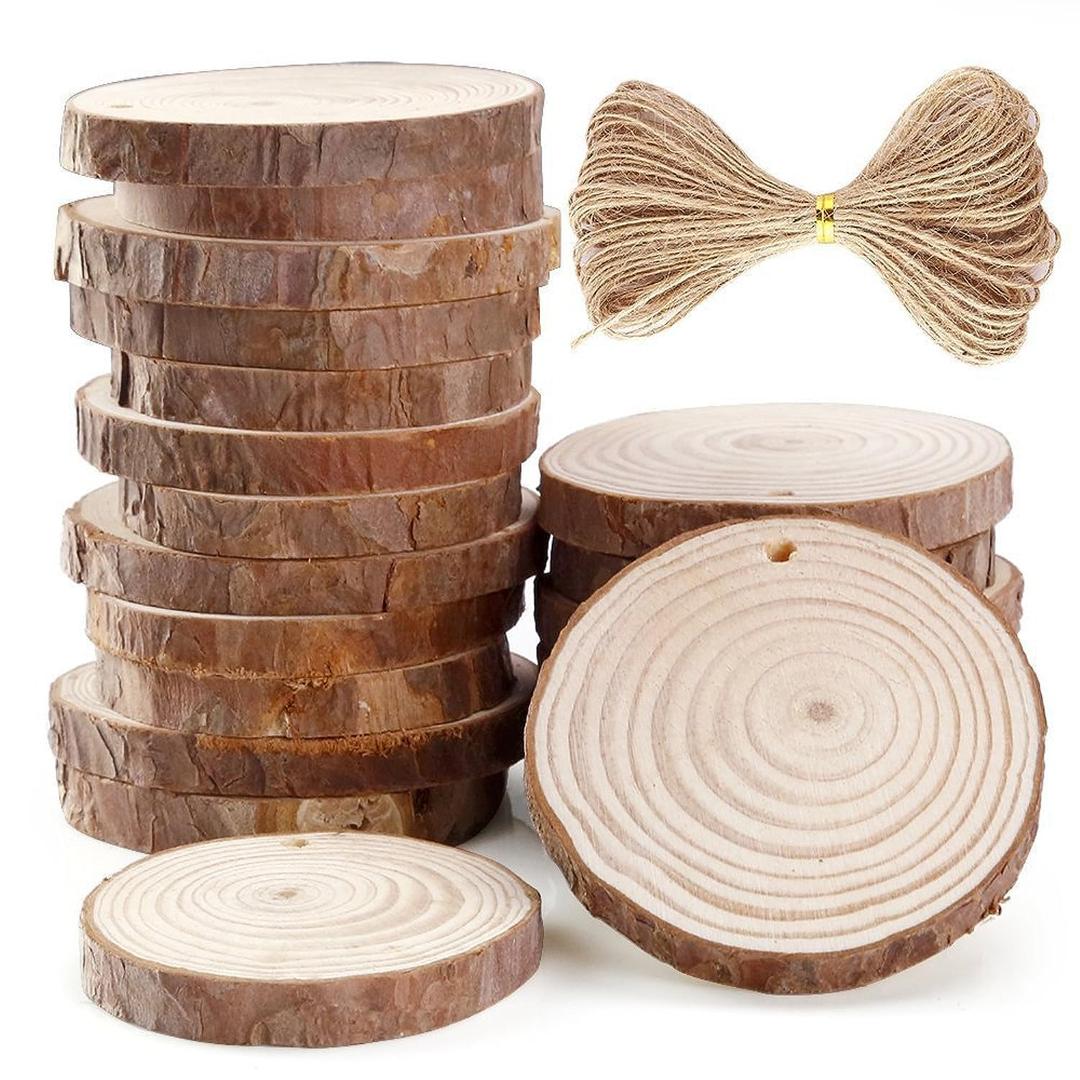 BAQ1988 Home 20 Pieces 6-7cm Unfinished Predrilled Wood Slices Round Log Discs With 33 Feet