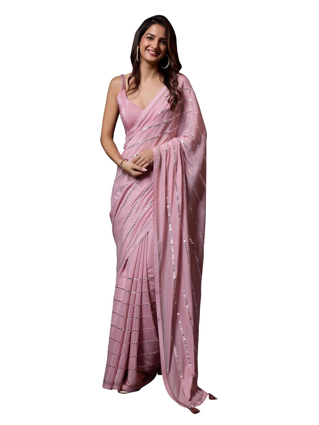 TRENDMALLS Women's Silk Real Mirror Work Embroidery Saree