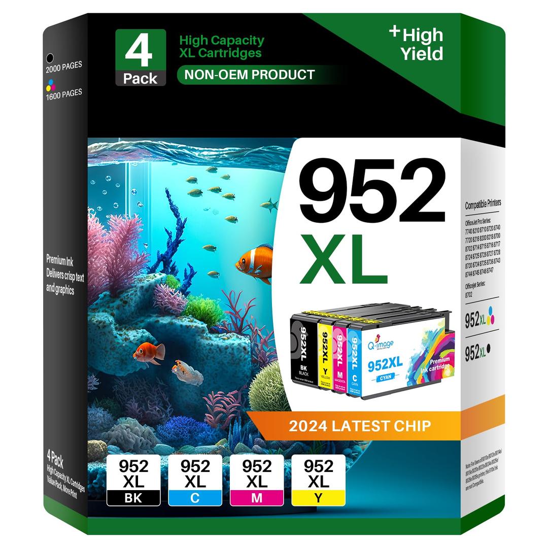 Q-imageCompatible 952XL Ink Cartridges Replacement for HP 952 952XL Ink Cartridges Combo Pack Works with HP OfficeJet Pro 7740 8710 8720 8702 7720 8210 8216 8715 8725 8730 8740 Printers (4 Packs)