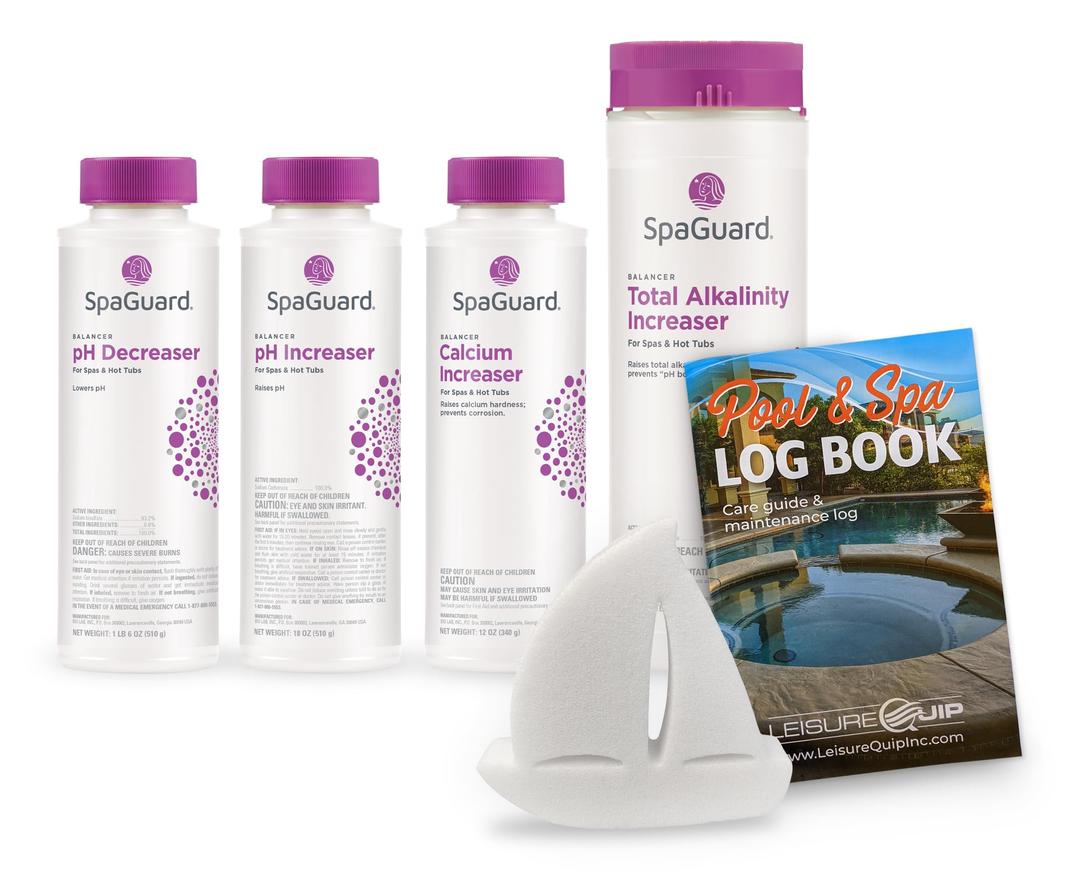 SpaGuard® Hot Tub Chemicals Balancer Kit (pH Up/Down, Calcium, Alkalinity) Spa Accessories for Hot Tub Owners, Inflatable Spa Hot Tub Chemical Kit with LeisureQuip ScumBoat & LQP Logbook