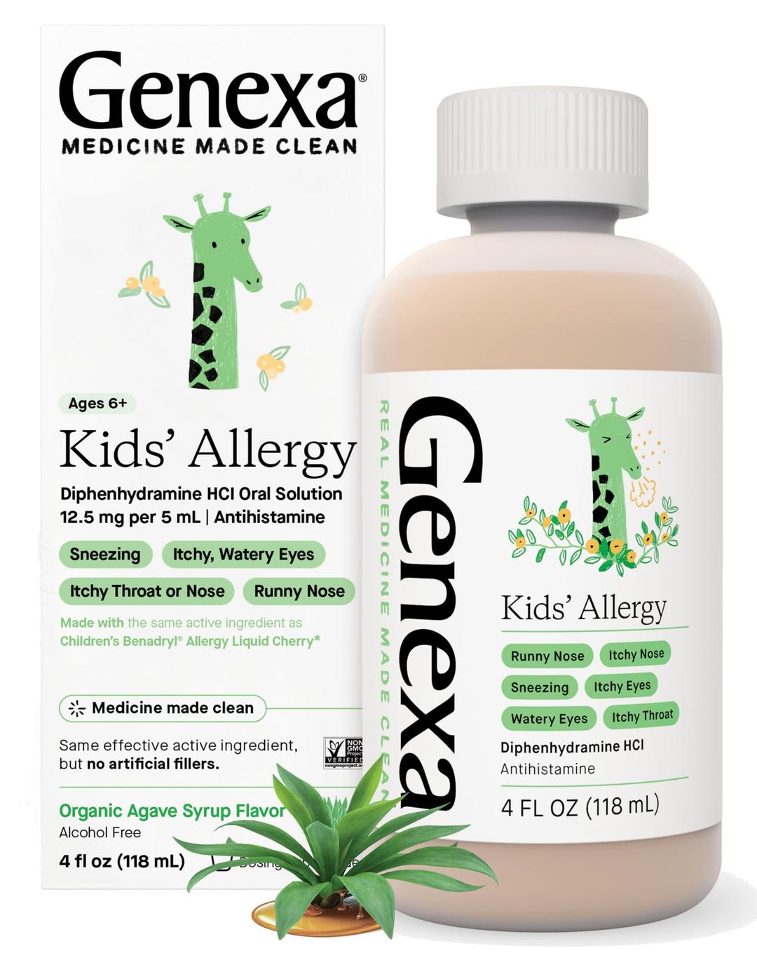 Genexa Kids' Allergy Medicine Liquid | Antihistamine Multi Symptom Childrens Allergy Medicine | Delicious Organic Agave Flavor | Certified Vegan, Gluten-Free & Non-GMO | 4 Fluid Ounces