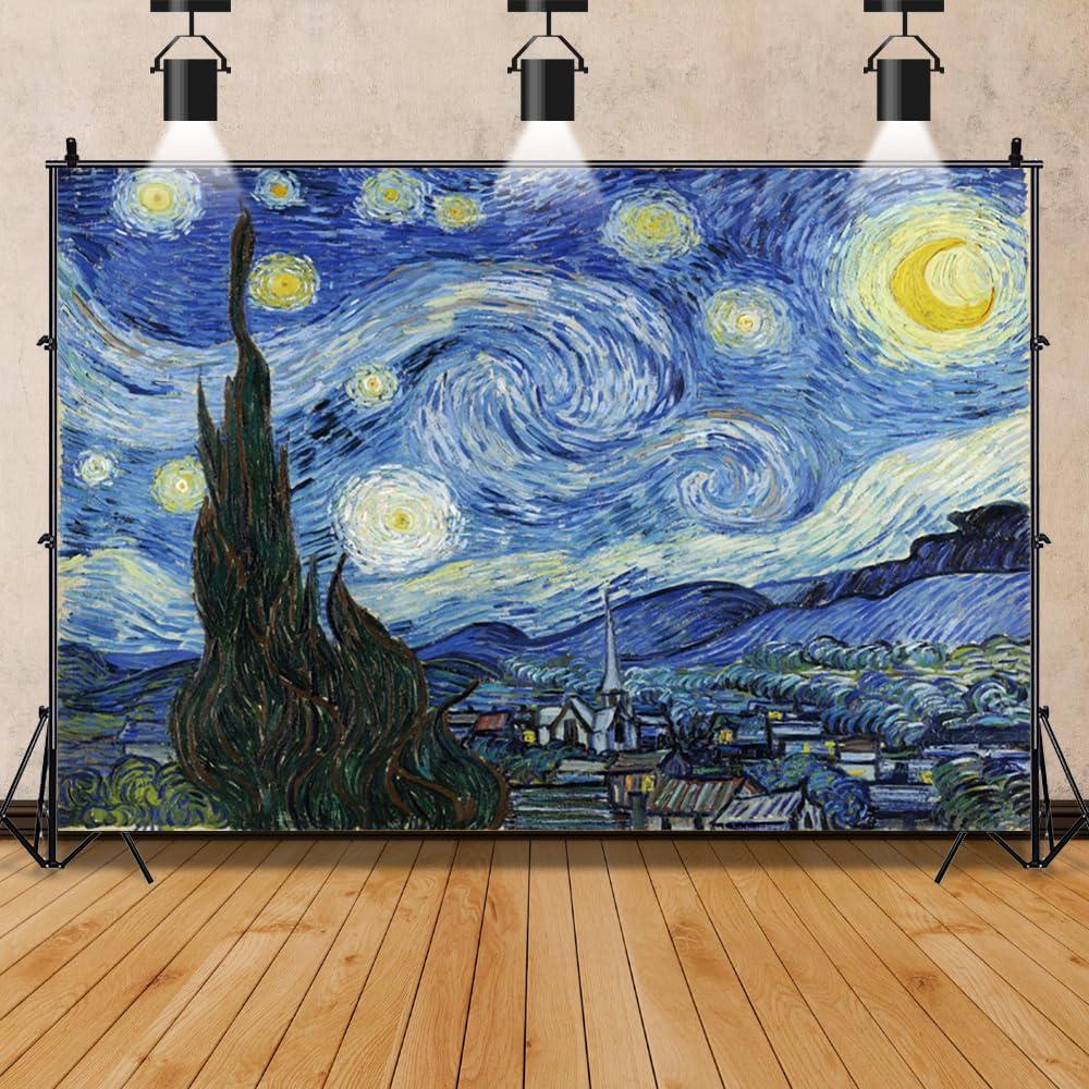 5x3ft Van Gogh Starry Night Photography Background Aesthetic Starry Night Oil Painting Abstract Art Rustic Home Decoration Birthday Party Baby Shower Wedding Photo Studio Props