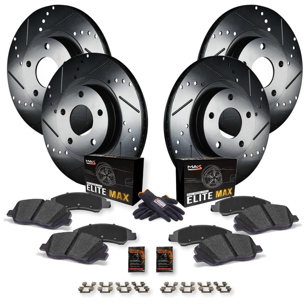 Max Advanced Brakes Front & Rear Brake Kit For 2009 2010 2011 2012 2013-2019 Toyota Corolla Matrix Pontiac Vibe Replacement Drilled Slotted Black Coated Disc Brake Rotors and Ceramic Brake Pads