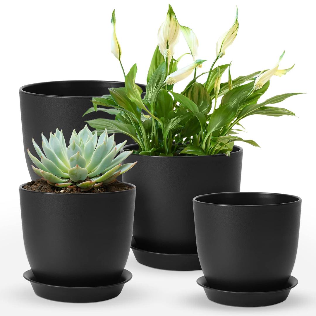 Whonline Plastic Plant Pots 10/9/8/6 Inch 4pcs Flower Planter Pot Indoor for Plants with Drainage Hole and Tray Modern Decorative for Gifts Succulents Flowers Cactus, Black