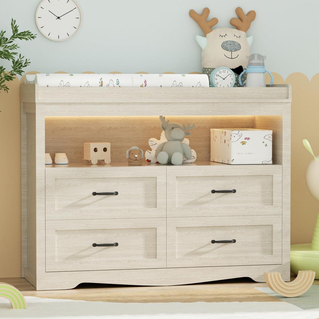 Baby Changing Table Dresser with Changing Table Top for Infants Nursery Dresser Chest with 4 Drawers Storage Changing Station Dresser with LED Light Diaper Changing Station Nursery Organizer,Beige