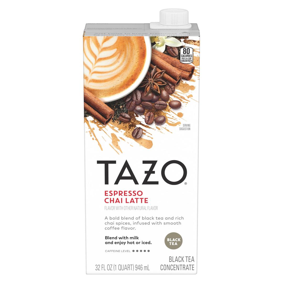 TAZOEspresso Chai Latte, Black Tea Concentrate, Easy to Serve Espresso Chai Tea for Everyday Cafe Style Lattes, Hot or Iced Coffee-like experience, Barista Approved, 32oz Tea Mix Carton