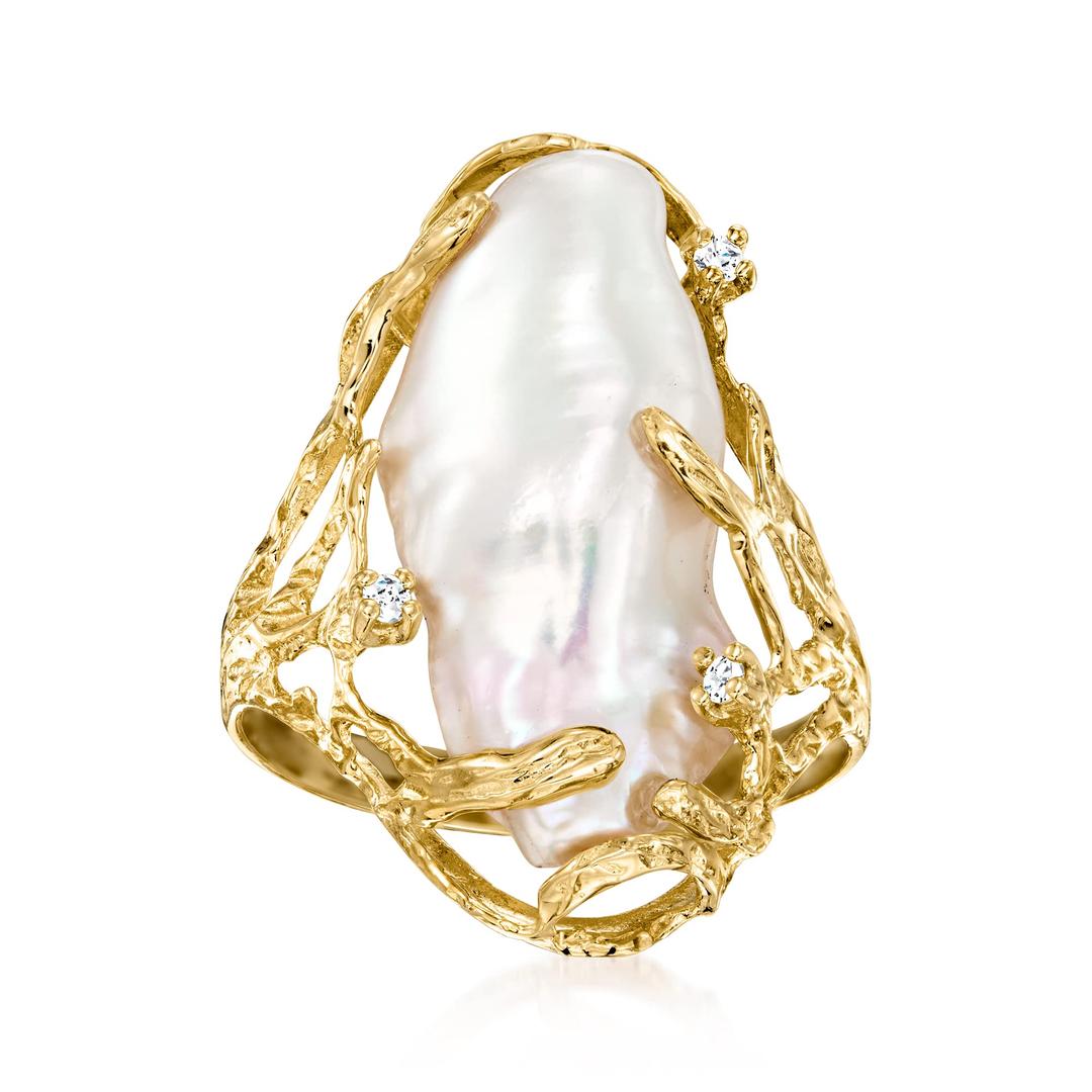 Ross-Simons 10x24mm Cultured Baroque Pearl Ring With Diamond Accents in 14kt Yellow Gold. Size 8