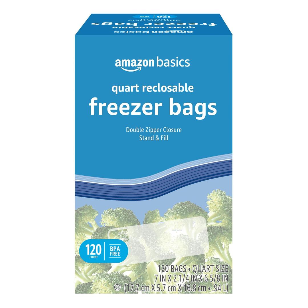 Amazon Basics Reclosable Freezer Quart Bags, Stand & Fill Base, 120 Count