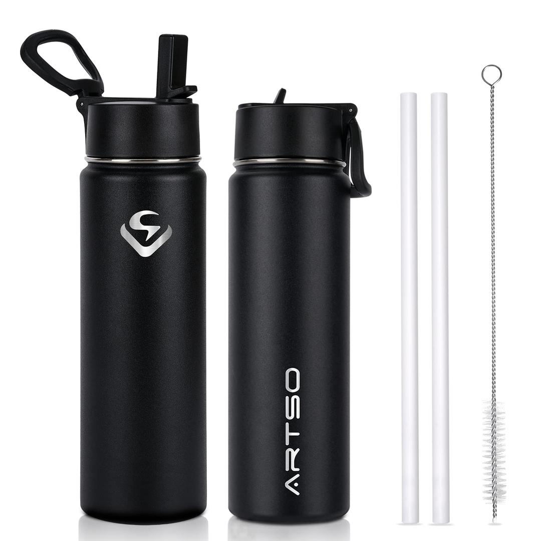 ARTSOWater Bottle with Straw, Wide Rotating Handle Straw Lid Thermo Mug Flask, Wide Mouth Vacuum Insulated Stainless Steel Leak Proof Water Bottle, Double Walled Metal Canteen, 709ml /24 oz