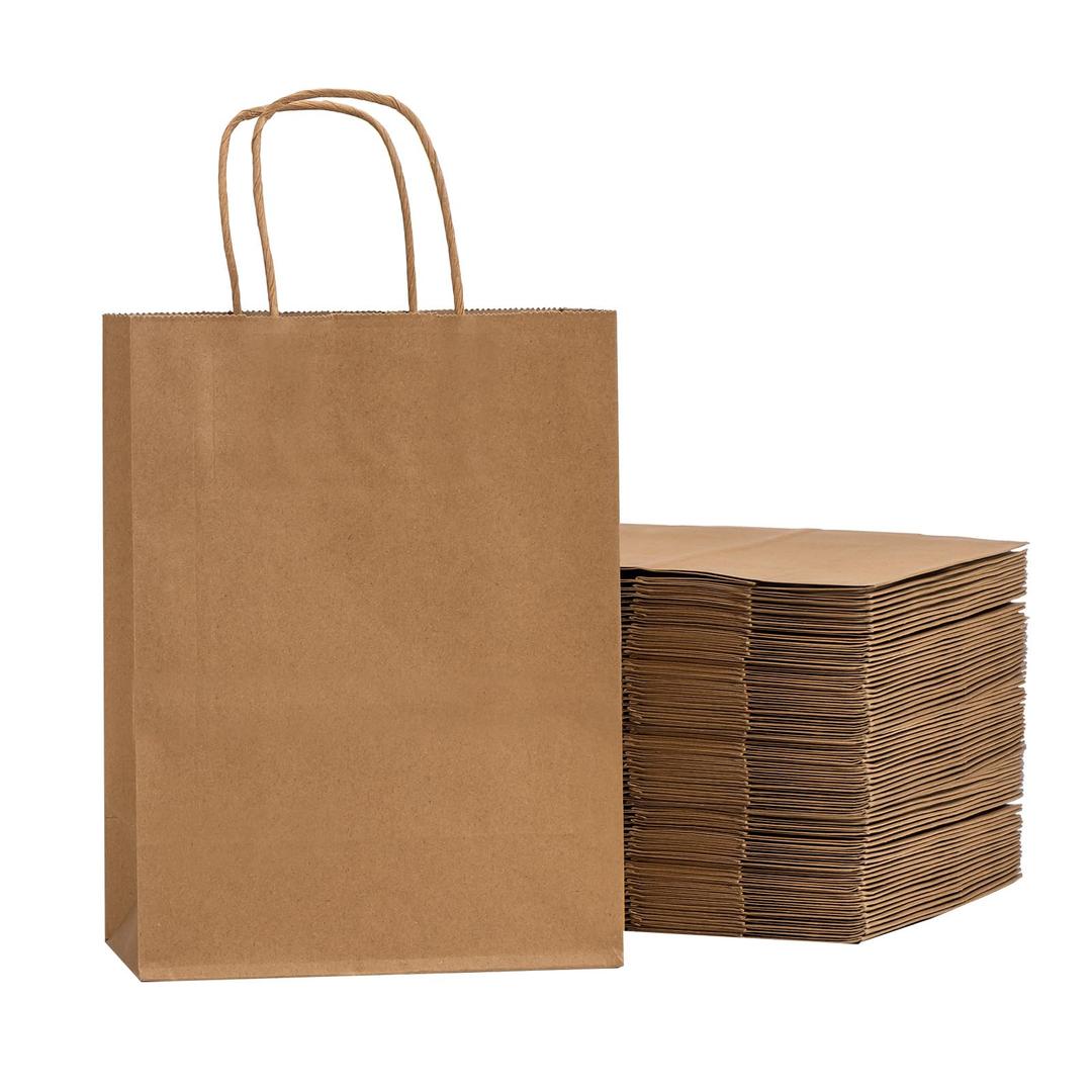 RACETOP Brown Paper Bags with Handles Bulk 100Pcs 8x4.5x10.8 Inch Gift Bags Bulk, Brown Kraft Paper Bags, Retail Bags, Party Bags, Shopping Bags, Favor Bags