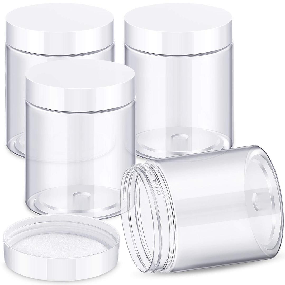 Patelai 4 Pieces Round Clear Wide-mouth Leak Proof Plastic Container Jars with Lids for Travel Storage Makeup Beauty Products Face Creams Oils Salves Ointments DIY Making or Others (White,10 Ounce)