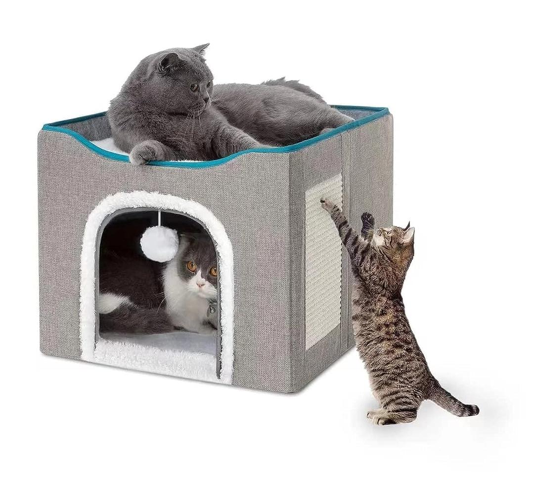 JASDFCat Beds for Indoor Cats -Large Cat Cave for Pet Cat House with Fluffy Ball Hanging and Scratch Pad, Foldable Cat Hidewawy