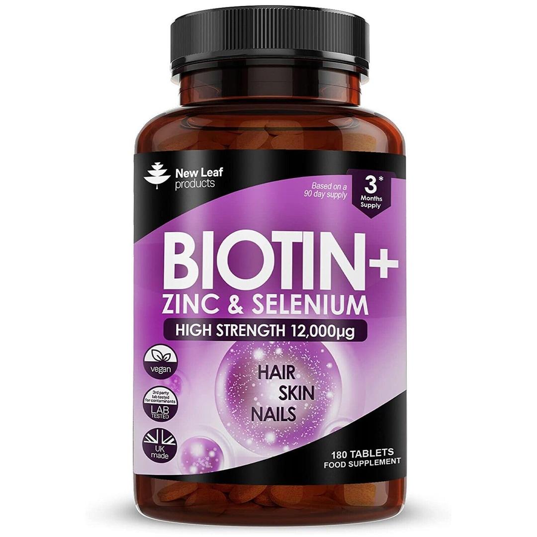 Biotin Hair Growth Vitamins 12,000mcg D-Biotin Tablets Enriched with Zinc & Selenium –Vegan Hair Skin & Nails Vitamins for Women and Men High Strength Hair Vitamins 6 Months Supply UK Made - New Leaf