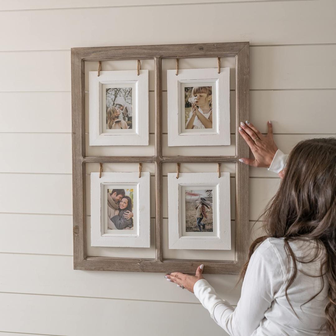 Hot Home Décor, Wall Collage Picture Frames. Window Sash Wood Window Frame Holds Four 5x7 or 4x6 Photo. Rustic Picture Frames for Picture Frame Collage, Family Frame, Dorm, Multiple Postcard Display, Large 24 X 30 Inches