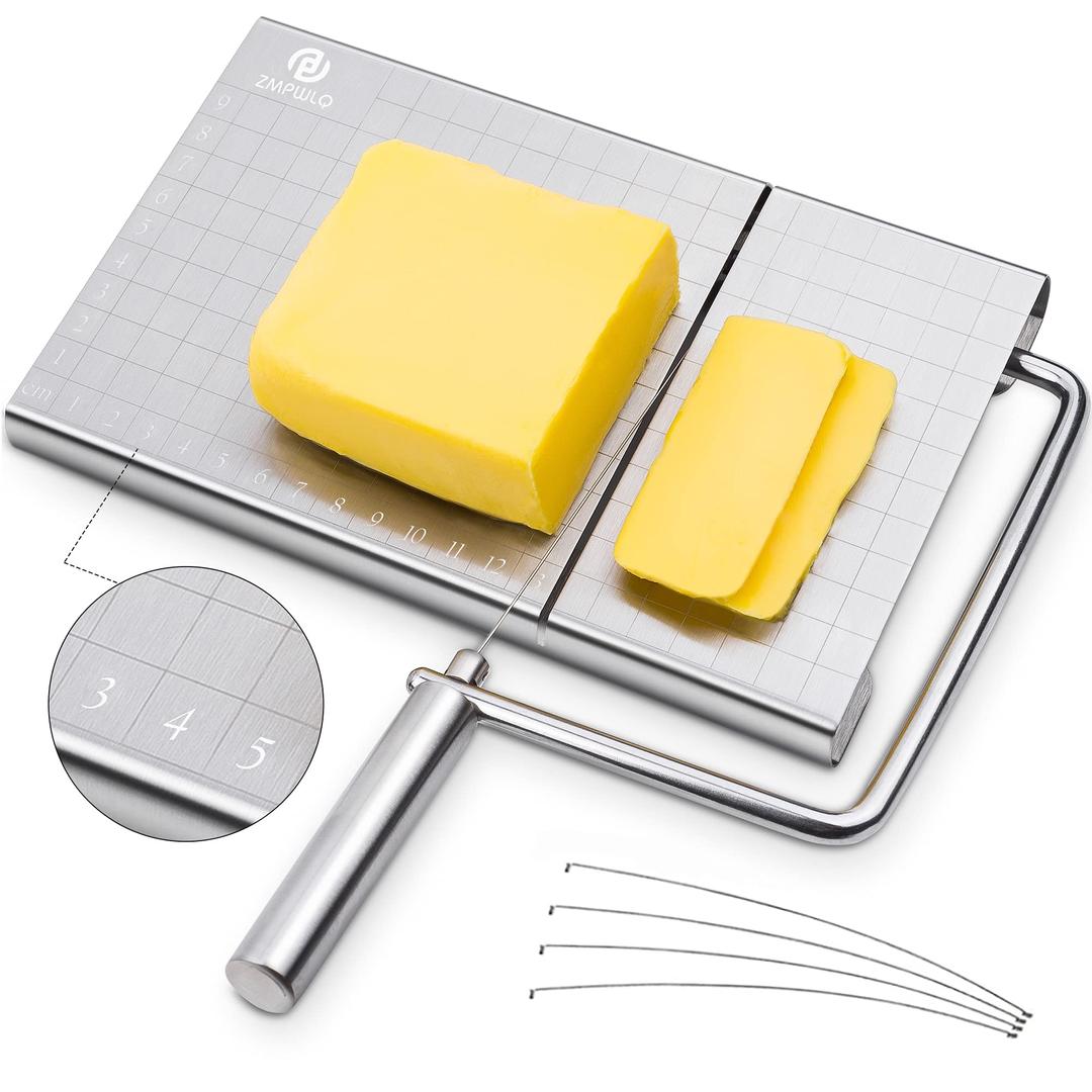 PL ZMPWLQ Cheese-Slicers with Wire, Cheese Slicer Stainless Steel with 4 Replacement Wires Cheese Cutters Accurate Size Scale,Wire Cheese Slicer for Soft Cheese, Cheese Cutter Wire Cheese Slicer