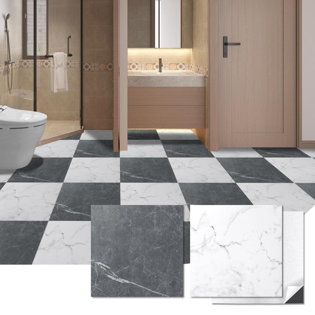 Art3d Peel and Stick Vinyl Floor Tiles 30-Pack 12 x 12 inch, Self Adhesive Waterproof Flooring Planks for Kitchen, Dining Room, Bedrooms, Cover 30 Sq. Ft, Grey & White Marble (15 Tiles per Color)