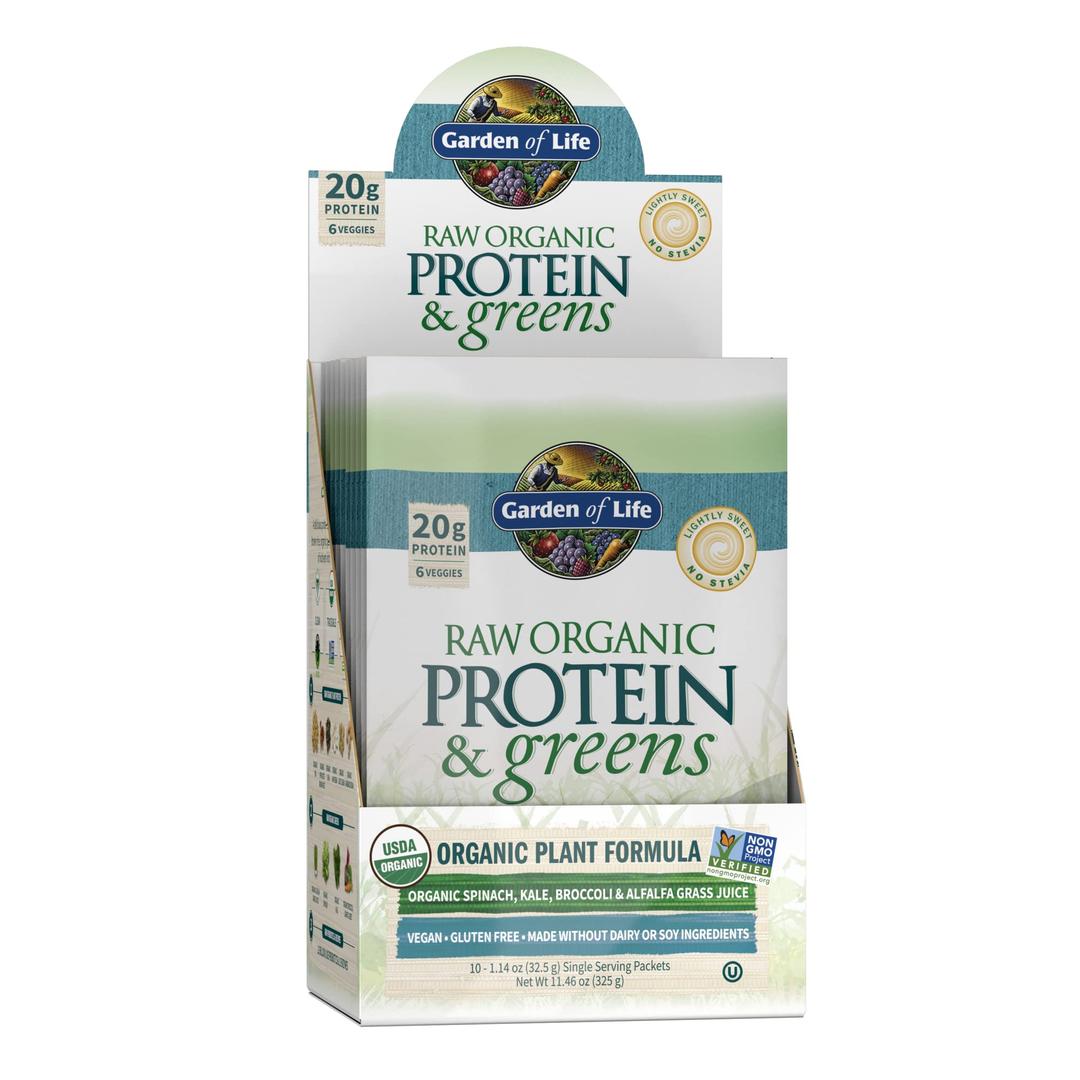 Garden of Life Raw Organic Protein & Greens Lightly Sweet - 10 Servings (10 Packets), Vegan Protein Powder for Women and Men with Juiced Greens, 20g Plant Protein, Probiotics, Enzymes, Low Carb Shake