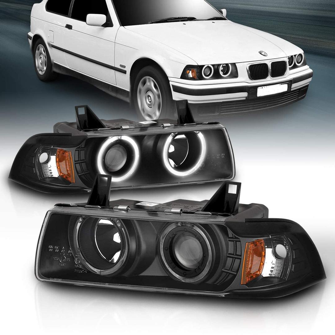 AmeriLite for 1992-1999 BMW 3 Series E36 2-Door Trims 1pc LED Halos Black Projector Headlights Pair - Passenger and Driver Side