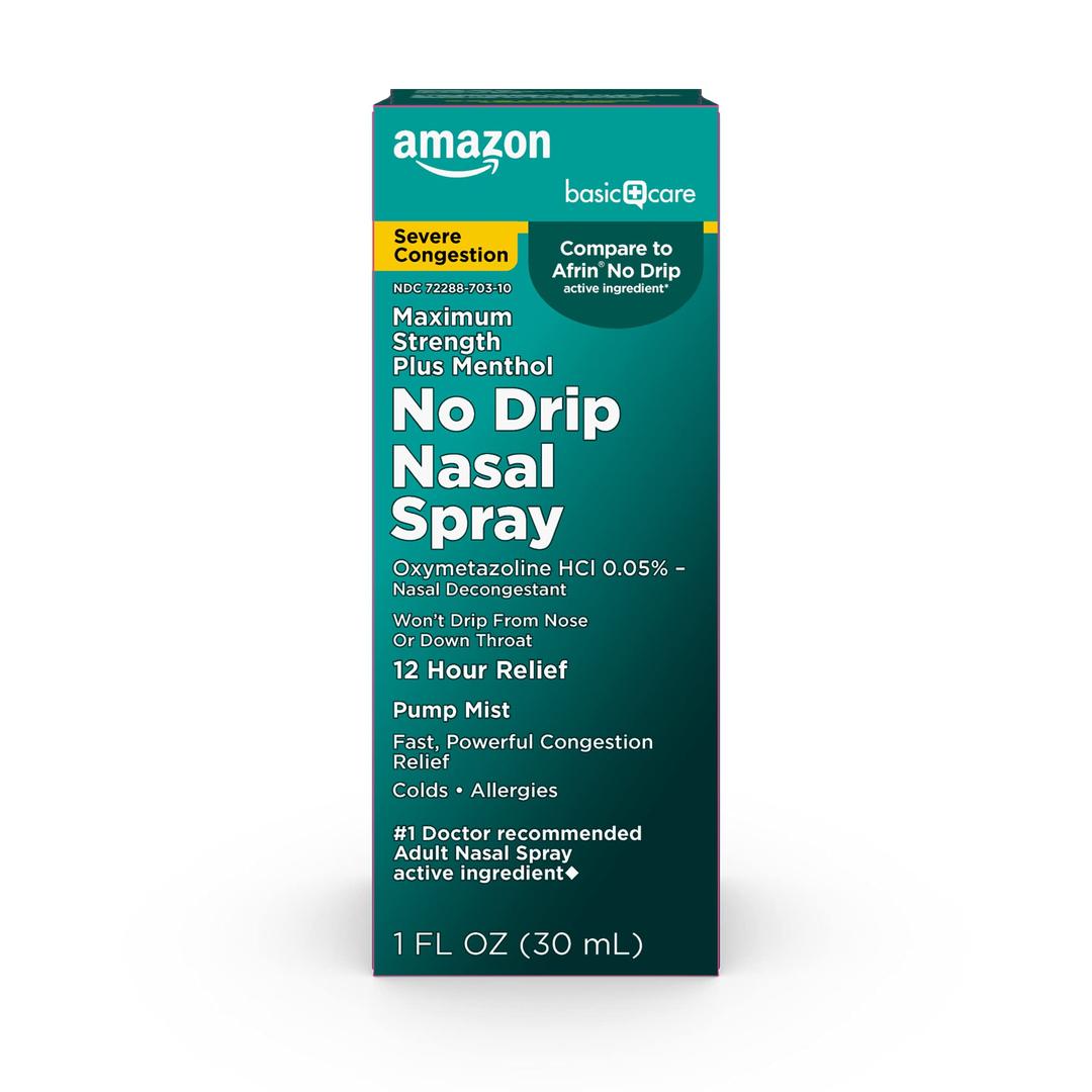 Amazon Basic Care No Drip Severe Congestion Nasal Pump Mist Spray, 12 Hour Relief, Oxymetazoline HCl, Maximum Strength Plus Menthol, Steroid Free, 1 fl oz (Pack of 1)