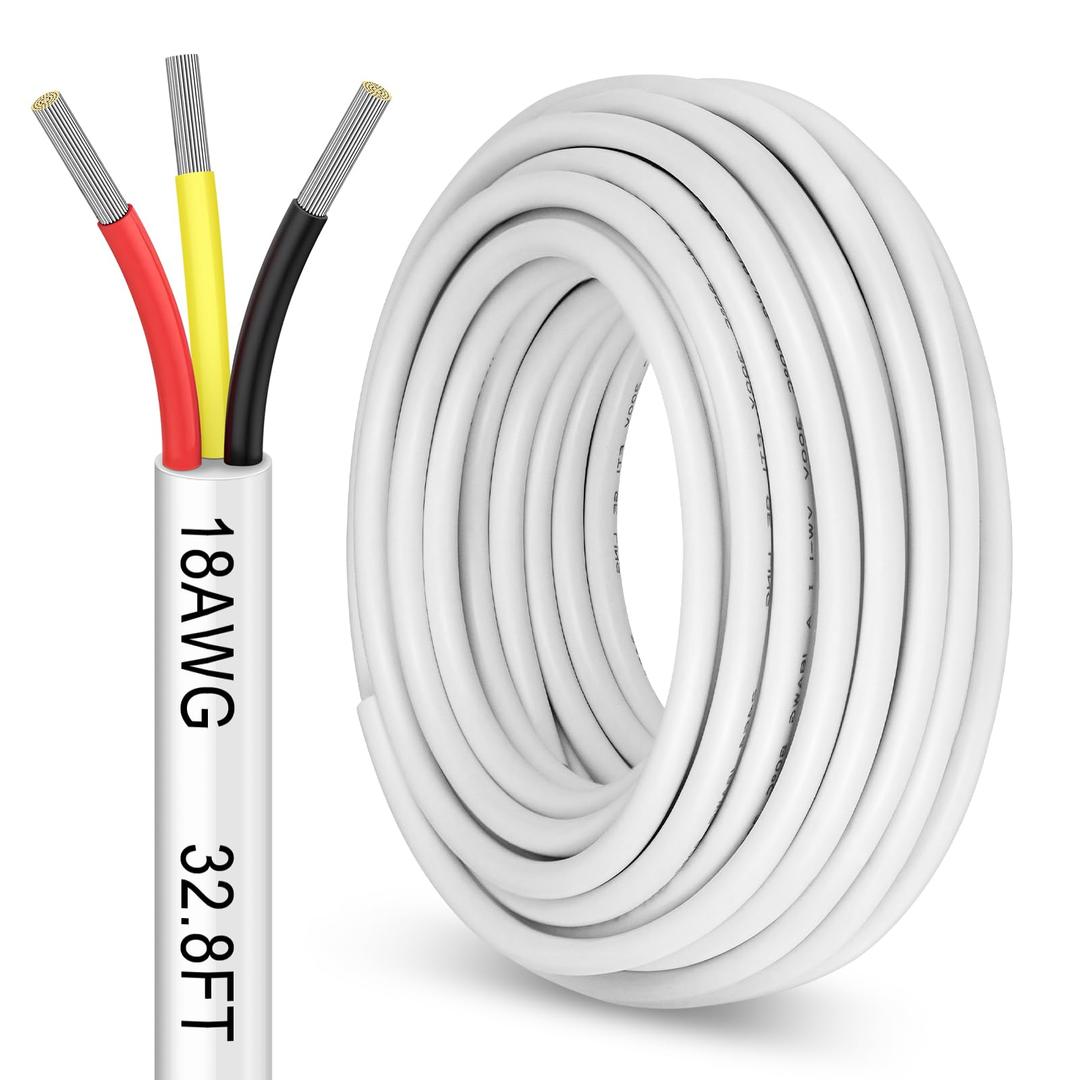 32.8FT 18 Gauge 3 Conductor Electrical Wire,18/3 Stranded Tinned Copper Low Voltage Wire, 18 AWG Flexible Extension Power Cable for LED Lamp Lighting Automotive, White