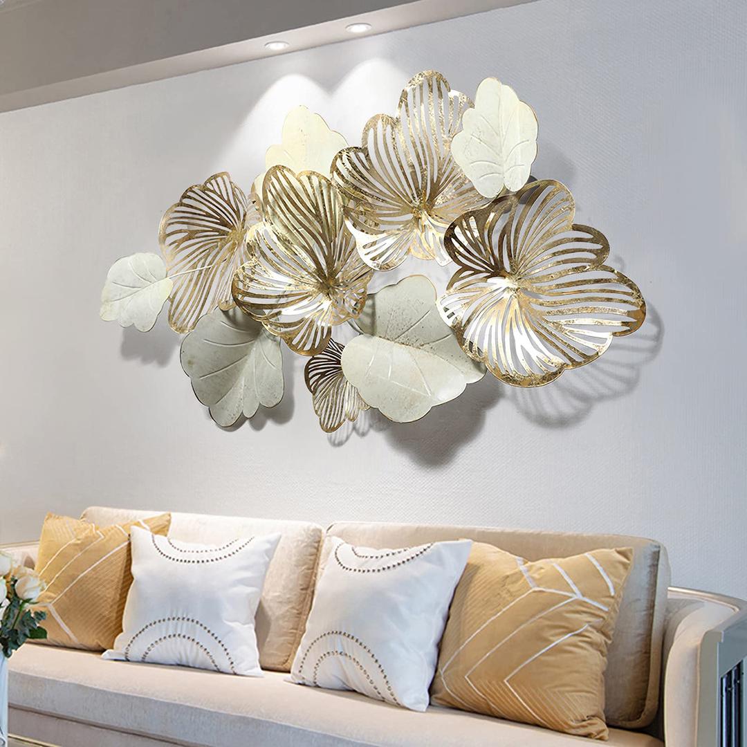 thlabe Home Decor Metal Wall Art Leaves, Modern Large Wall Sculptures Gold Flower Blooming Handmade 3D Wall Hanging Artwork Decoration for Living Room Bedroom Luxury Kitchen Gifts