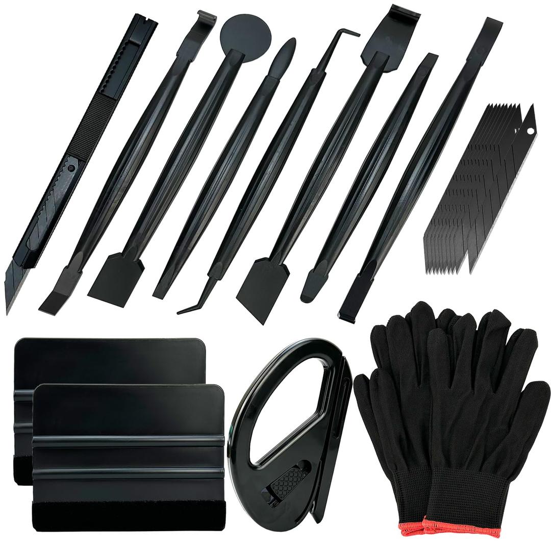 Umaki Automotive Vinyl Wraps Tools Tint Film Kit Wallpaper Tools Decal Applicator with 2 Pairs Vinyl Wrap Gloves, 4inch Felt Squeegee, Razor Safety Cutter, Edge Trimmer, Black Vinyl Knife