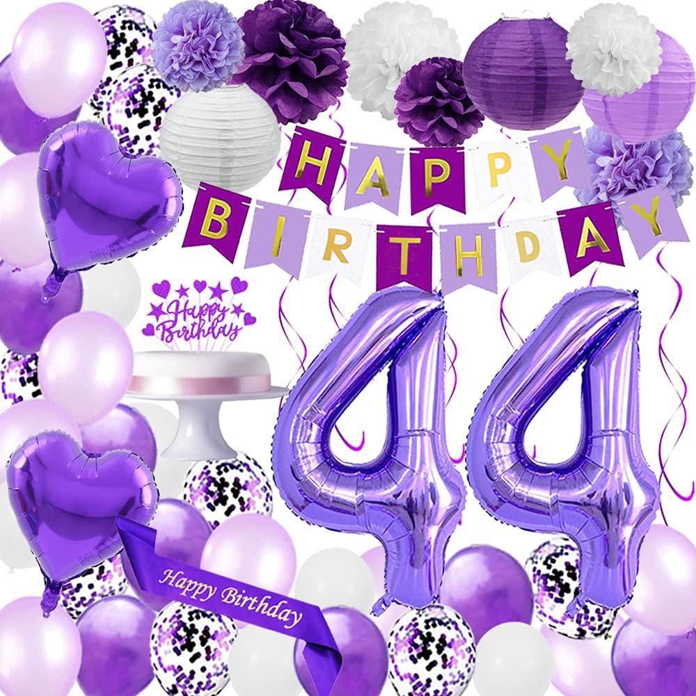 Santonila Purple 44th Birthday Decorations set Happy Birthday Banner Sash and Cake Topper Number 44 Confetti Latex Balloons Paper Lanterns for 44 Years Old Birthday Party