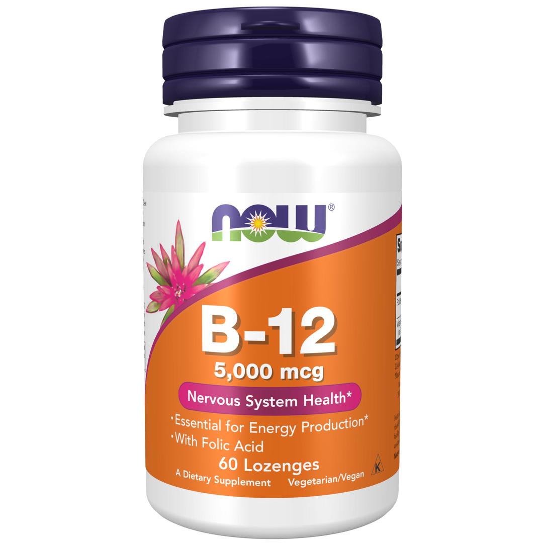 NOW Foods Supplements, Vitamin B-12 5,000 mcg, With Folic Acid, Nervous System Health*, 60 Lozenges