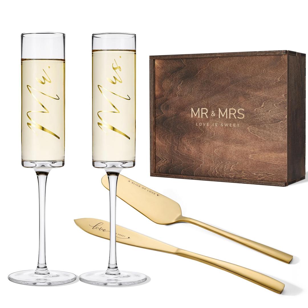 AW BRIDAL Champagne Flutes Wedding Cake Cutting Set Bridal Toasting Champagne Glasses for Wedding, Gifts for Couple Cake Knife and Server Set for Anniversary Engagement Gifts