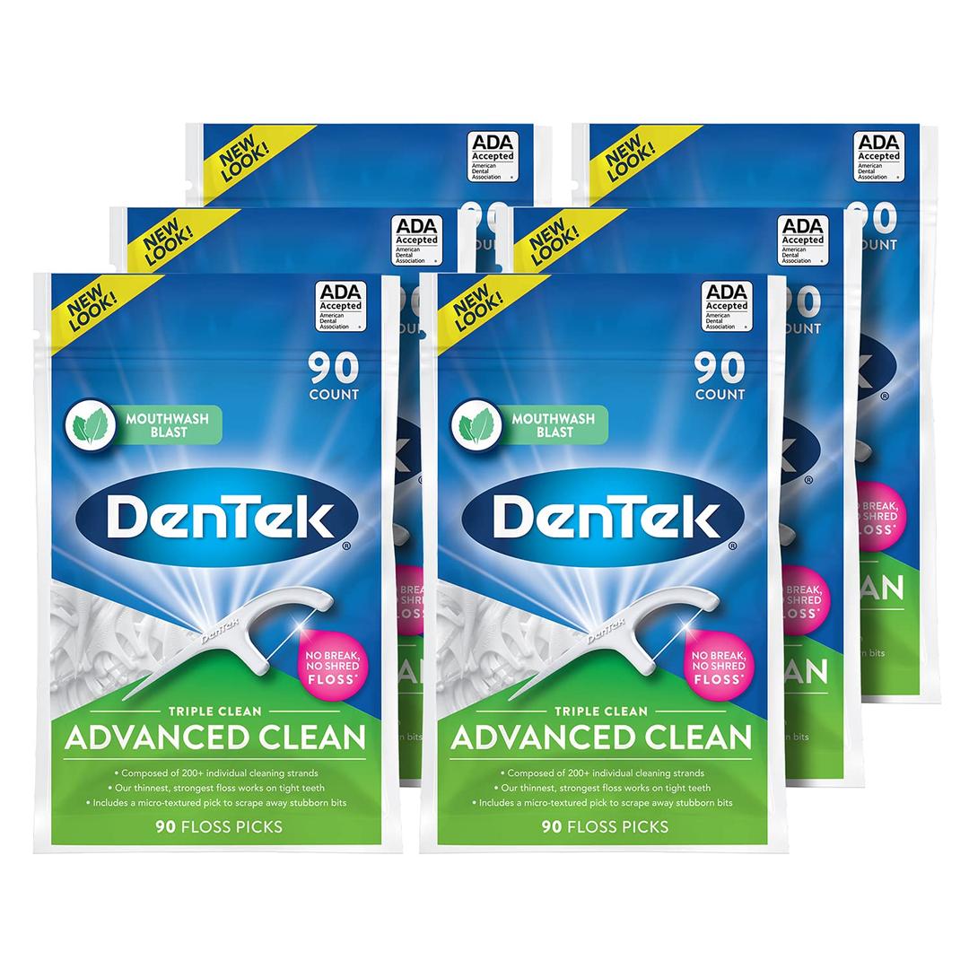 DenTekTriple Clean Advanced Clean Floss Picks, No Break & No Shred Floss, 90 Count, 6 Pack