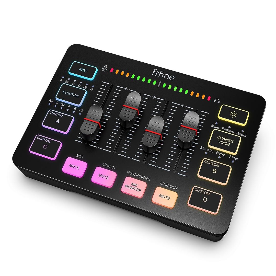 FIFINEGaming Audio Mixer, Streaming RGB PC Mixer with XLR Microphone Interface, Individual Control, Volume Fader, Mute Button, 48V Phantom Power, for Podcast/Recording/Vocal/Game Voice-AmpliGame SC3