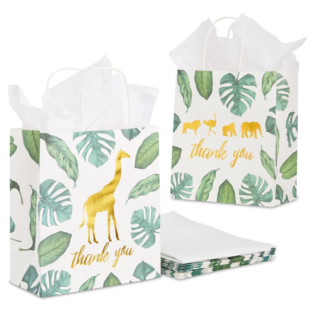 Juvale 12 Pack Safari Thank You Bags with Tissue Paper, Wild One 1st Birthday Themed Decorations for Girls and Boys (8 x 9 x 4 In)