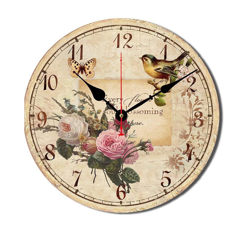 12 Inch Wood Wall Clock Silent Non-Ticking Wall Clocks for Office,Bathroom,Living Room,Dining Room,Kitchen Decoration, Flowers/Birds Style Round Hanging Clock