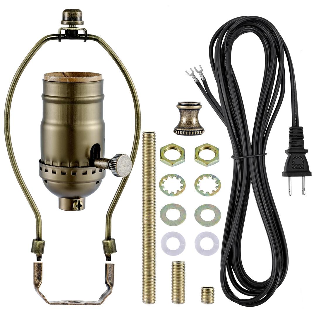 Lamp Rewire Kit,Make a Lamp or Repair Kit,3-Way Lamp Socket with Matching Cord Lamp Harp Set,Lamp Wiring Kit for Table Floor Lamp,Essential Hardware for DIY Lamp Design or Repair (Antique Brass, 1)