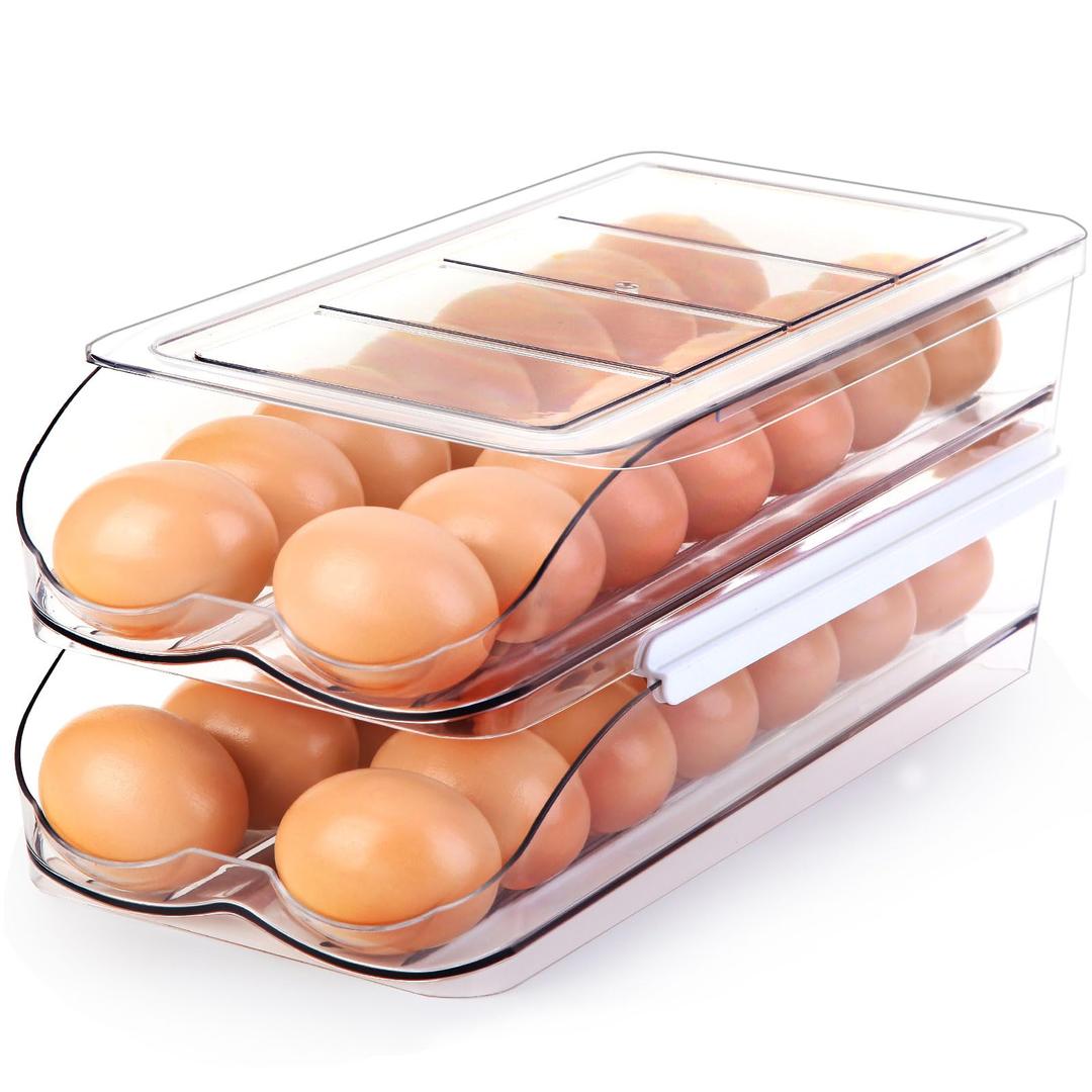 Egg Holder for Fridge, Automatic Rolling Egg Container for Refrigerator, Stackable Fridge Organizers and Storage with Lid, Clear Plastic Egg Dispenser & Tray (2 Tier)