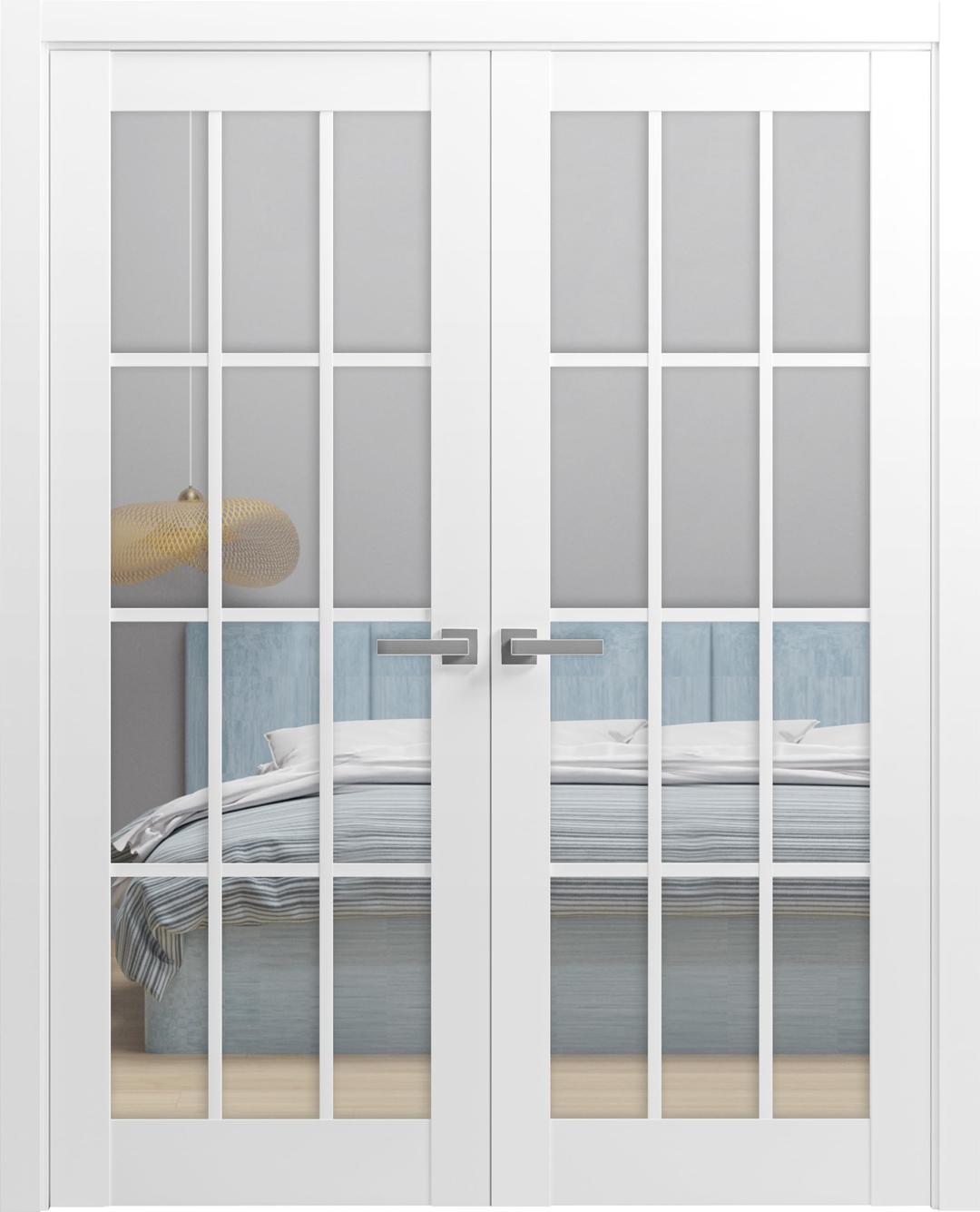 SARTODOORS Solid French Double Doors 56 x 80 inches Clear Glass 3 Lites | Felicia 3355 White Silk | Wood Solid Panel Frame Trims | Closet Bedroom Sturdy Doors