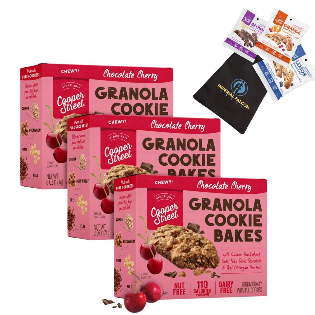 Cooper Street Cookies Chewy Soft-Baked Granola Bakes, Nut Free, Dairy Free Chocolate Cherry 3 Pack With Bag of 2 1.25oz Biscotti